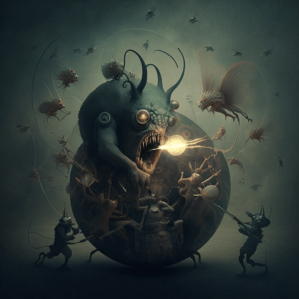 A demonic battle in the style of Hieronymus Bosch.